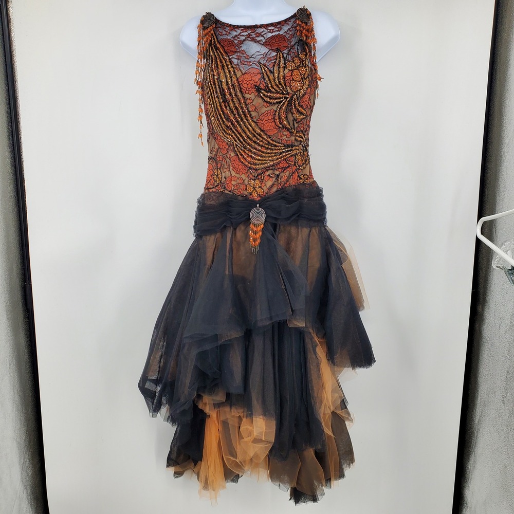 Musani Couture Beaded Lace Tulle Gown Orange Black Asymmetrical Dress Size 8